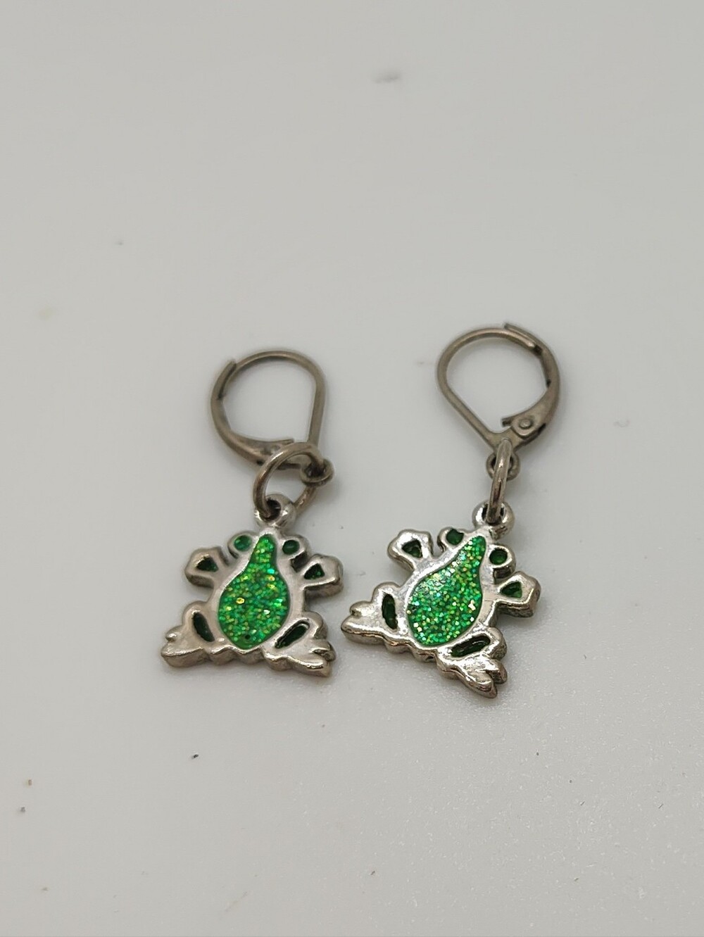Silver Frog Dangle Earrings with Green Enamel